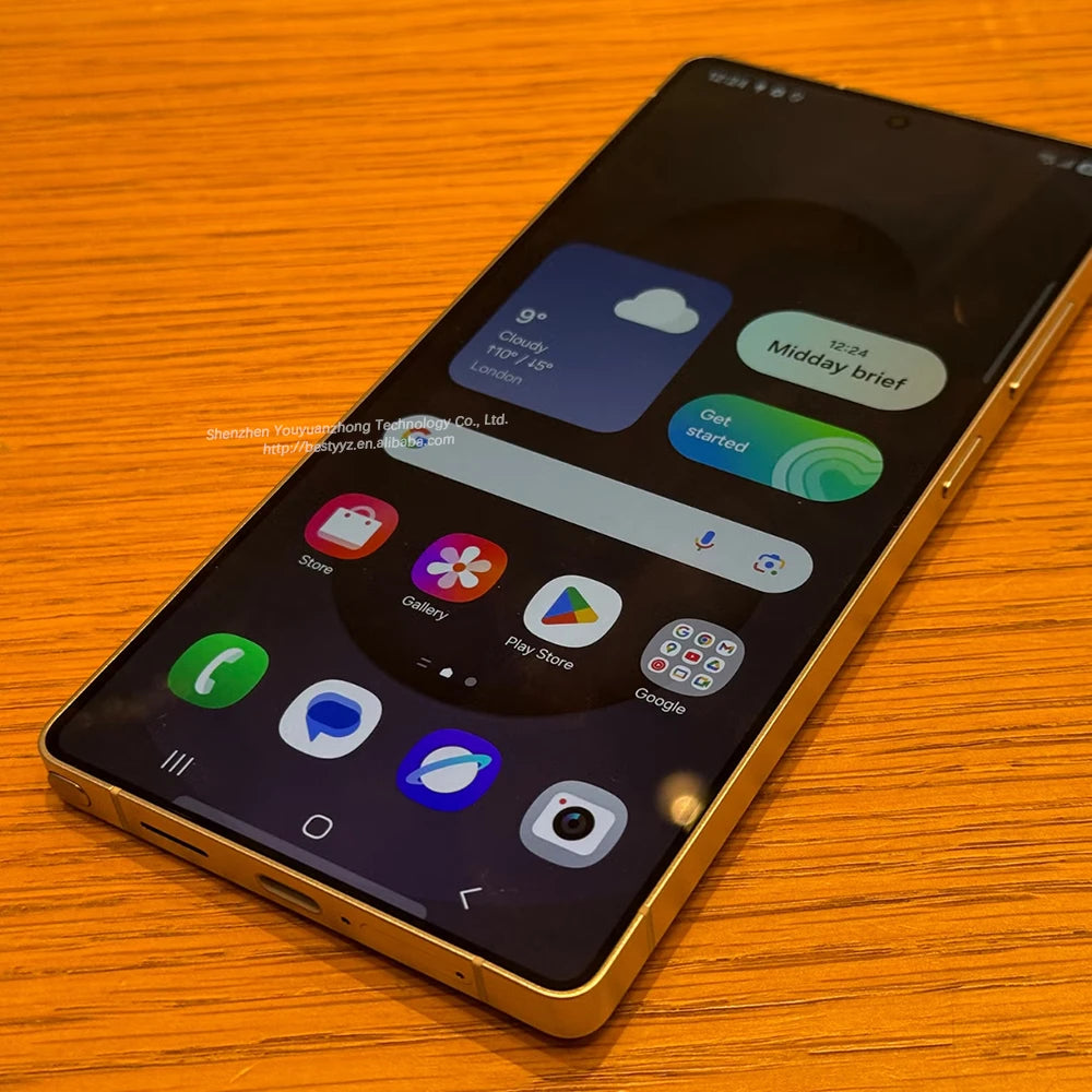 Close-up of Tidesmit S25 Ultra smartphone showing metallic frame finish, tactile side buttons, and charging port.
