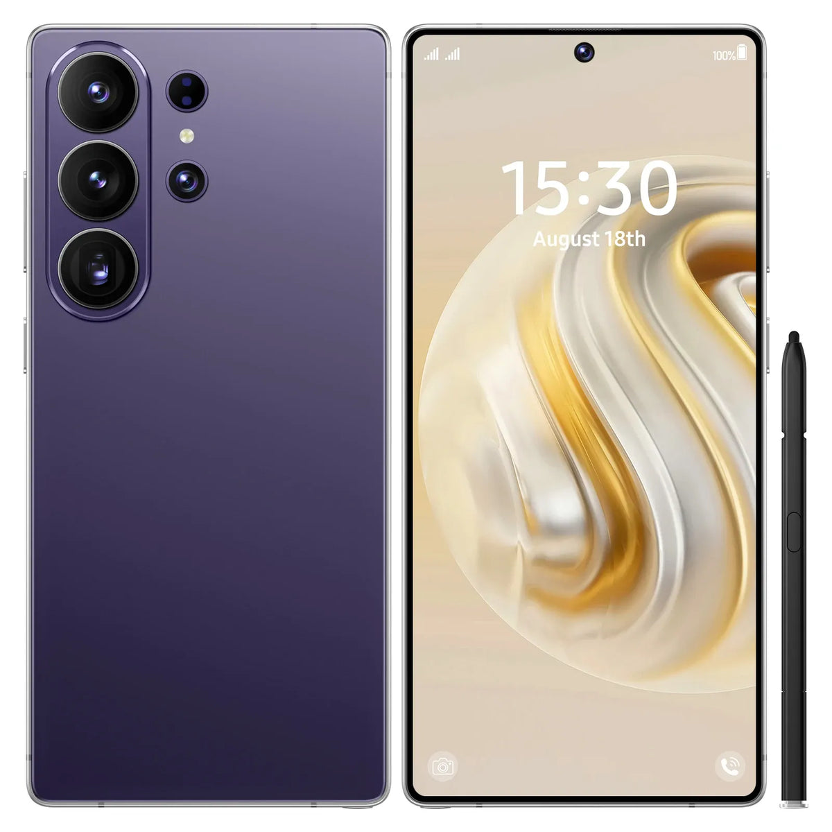 Purple smartphone with triple rear cameras and stylus, front screen with gold swirl