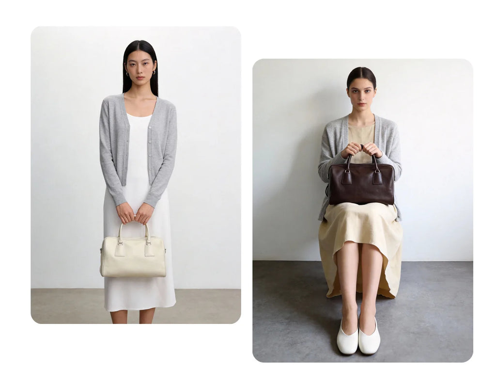 Minimalist vegetable-tanned leather Boston tote handbag in cream and dark brown, classic two-zip design for women.