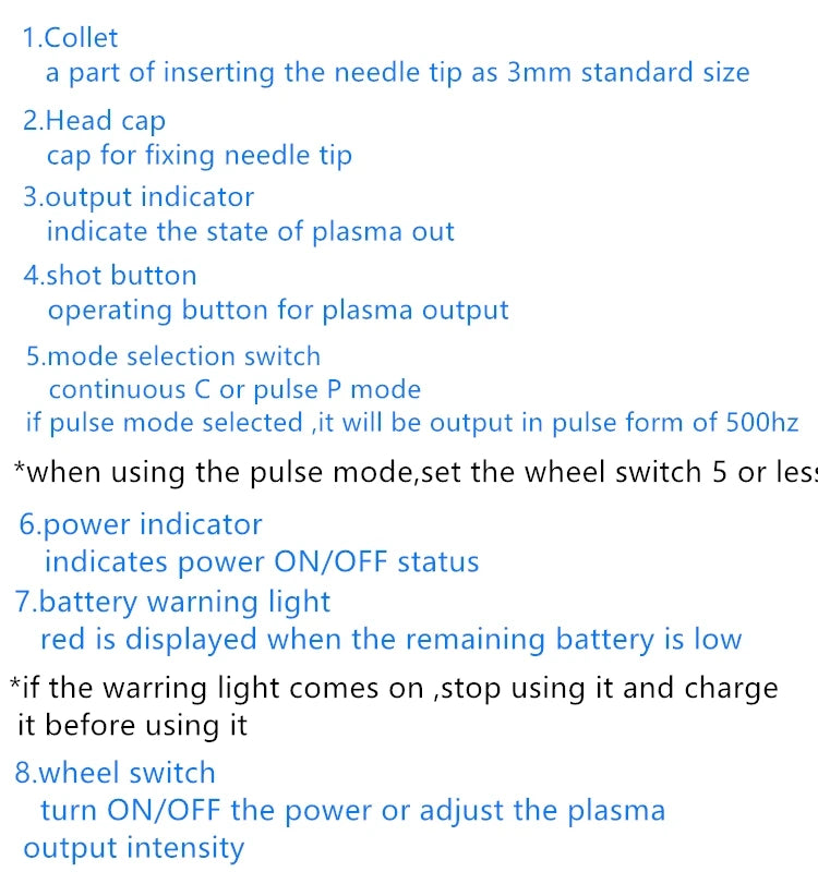 Plamax wireless fibroblast cold plasma device diagram showing power, mode settings, needle collet, and indicator lights.