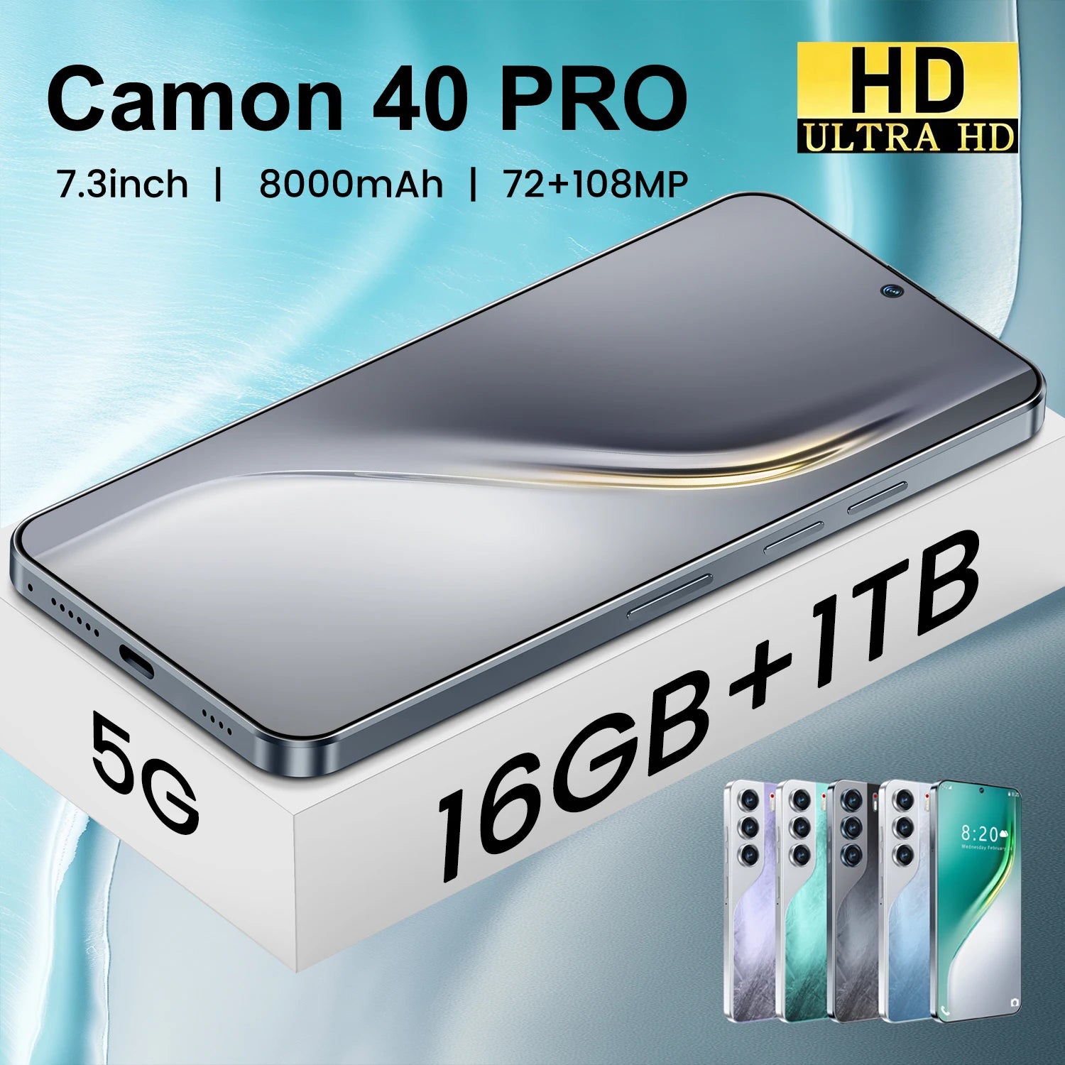Hot Sale Camon 40 Pro 16GB+1TB 7.3 Inch 5G Smart Phone 100W Original HD Android 14 Unlocked Dual Card New for Spanish Speaking Tidesmit