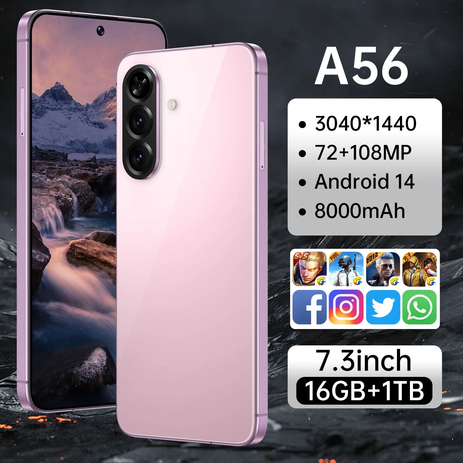 A56 Pro 5G Android smartphone with 7.3 inch HD LED display, 16GB RAM, 1TB storage, and 108MP camera, 2025 model