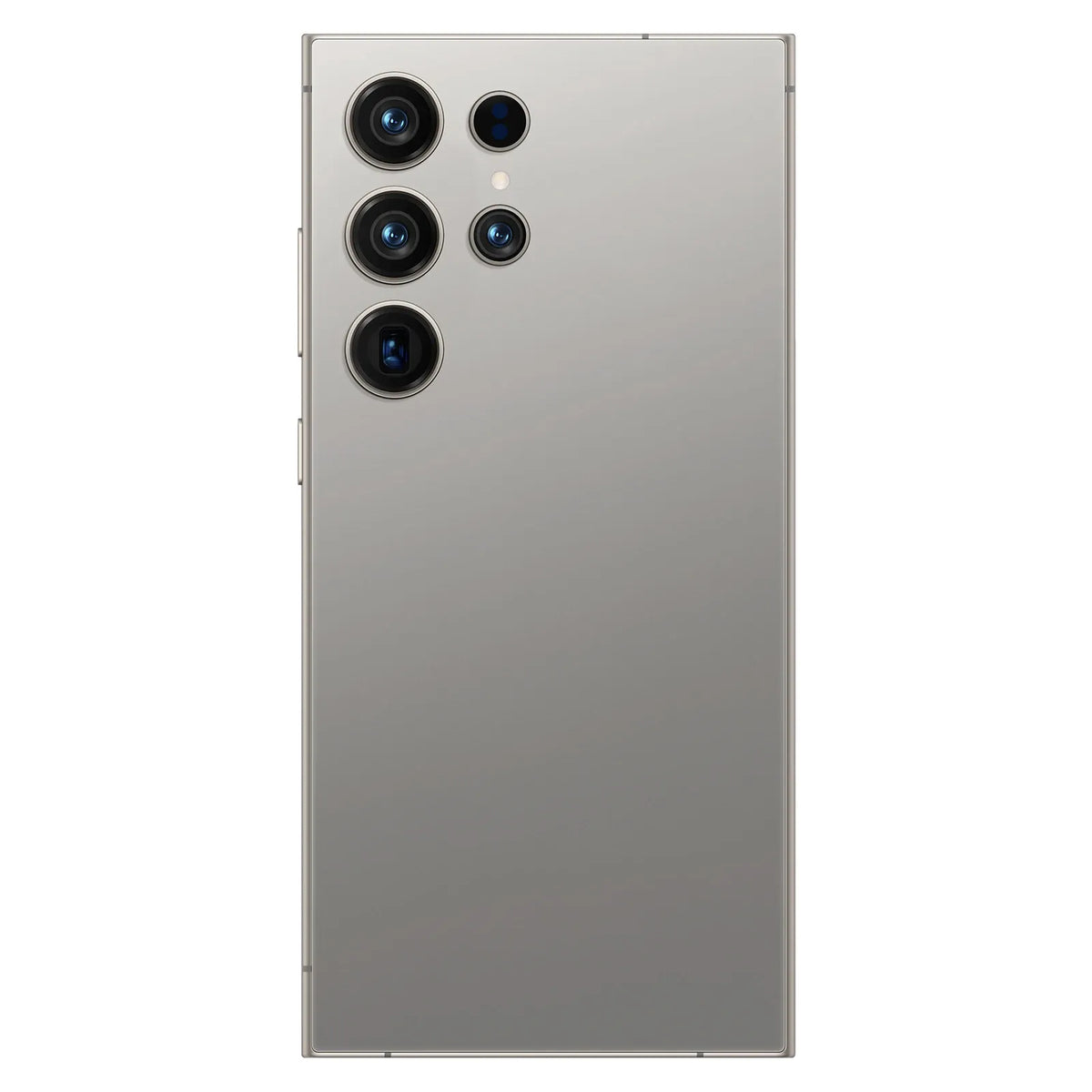 S24 Ultra 5G smartphone in white titanium, back view with quad camera array