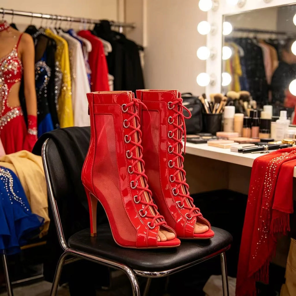 9.5cm Red Dance Heels Latin Boots Open Toe Ballroom Swing Performance Jazz Bachatas Dancing Shoes for Women