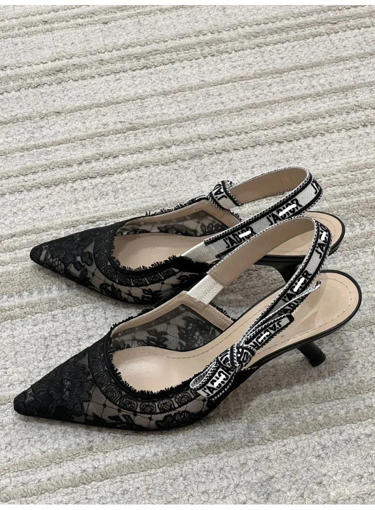 Women Shoes Sexy Stiletto Pointed Toe Transparent Mesh Embroidery Heels, Elastic Strap Evening Footwear for Club Party Occasions