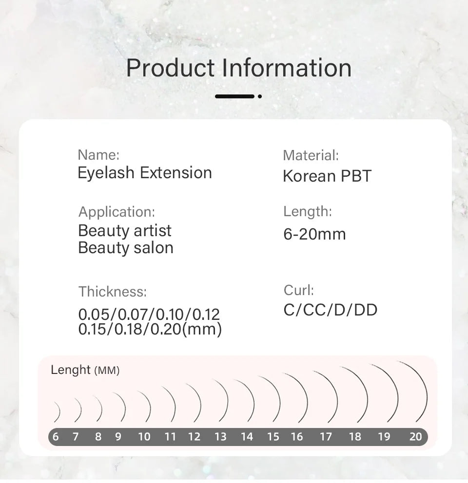 Product info chart for Tidesmit eyelash extensions, showing Korean PBT material, 6-20mm lengths, and C-DD curls.