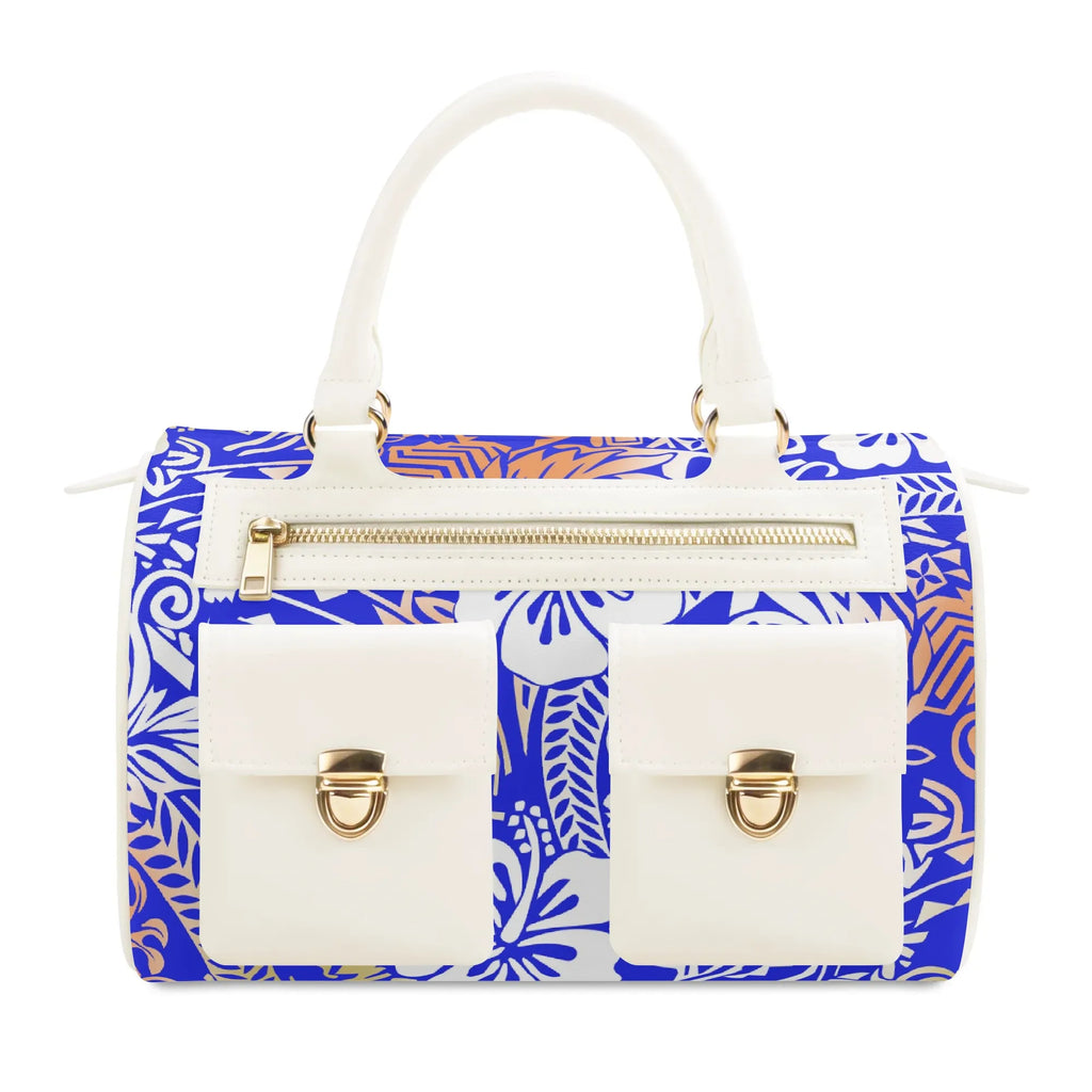 Designer luxury white and blue floral PU leather tote bag with gold hardware, dual front pockets, and zip closure.