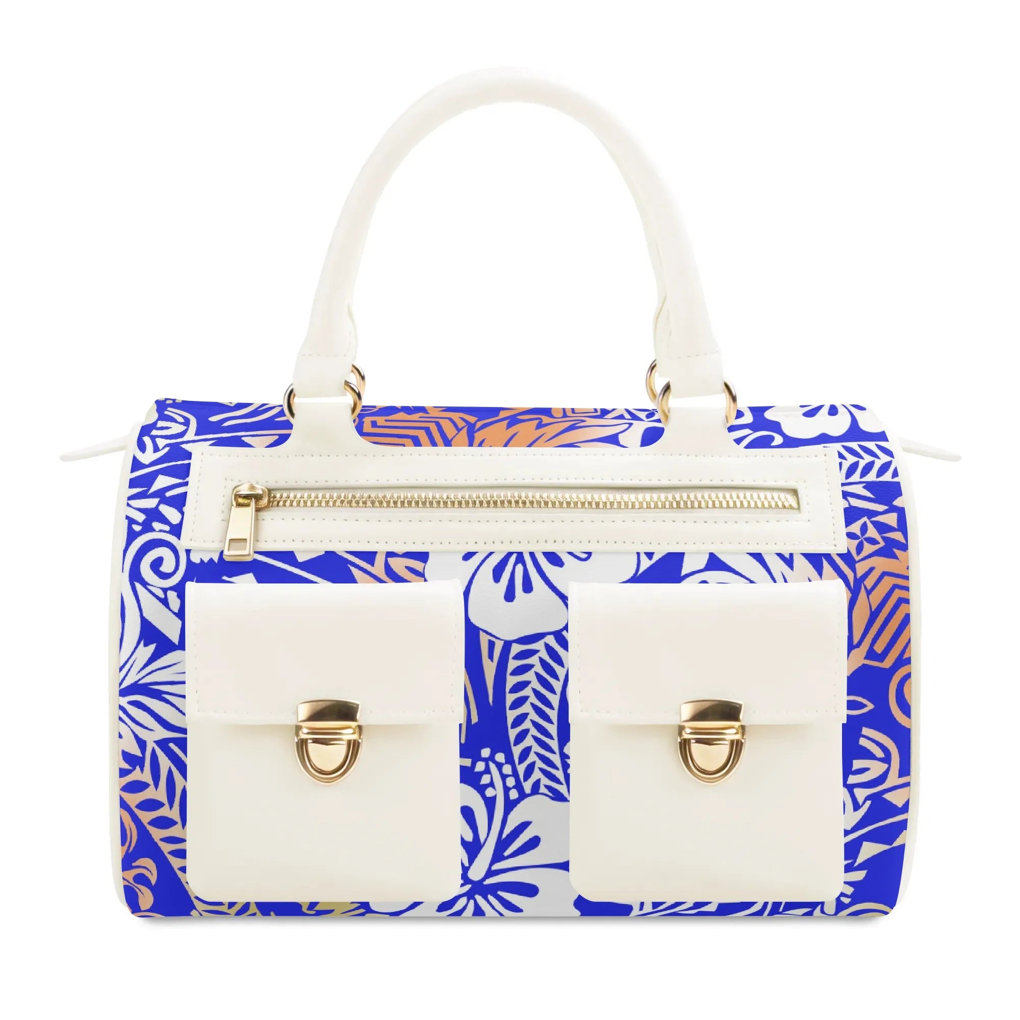 Designer luxury white and blue floral PU leather tote bag with gold hardware, dual front pockets, and zip closure.