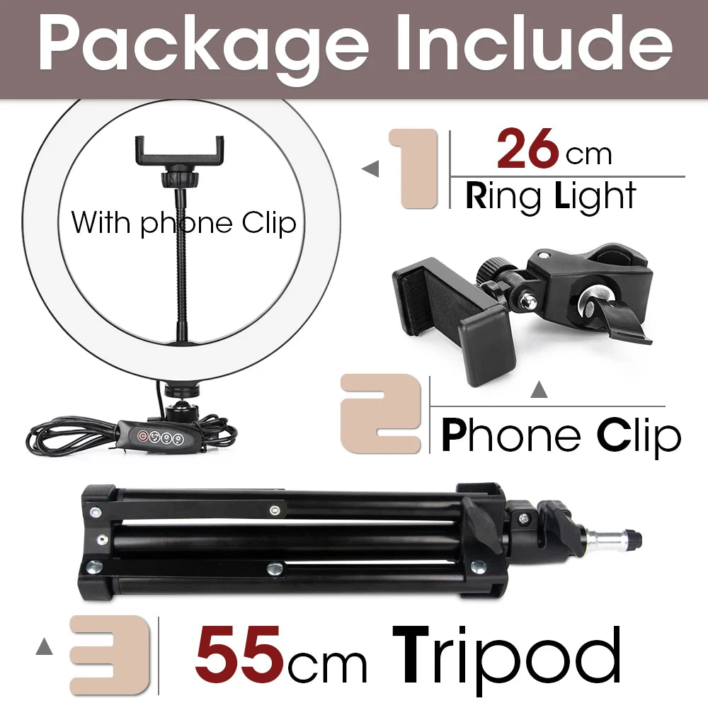 LED Ring Light with Tripod Stand for Live Streaming and Content Creation 26cm and 55cm Tripod Tidesmit
