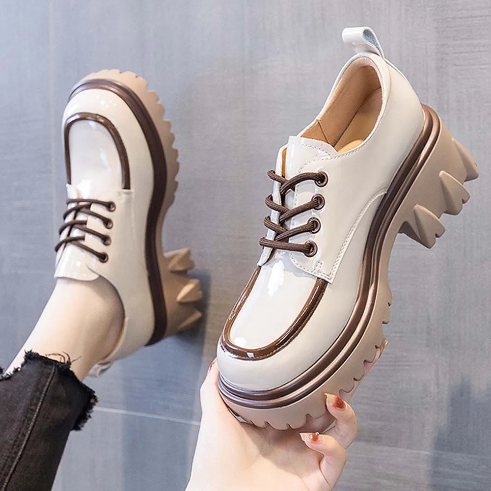 2025 New Women's British Style Spring Autumn Color Blocked Fashion Thick Heel Thick Soled Height Increasing Loafers for Women