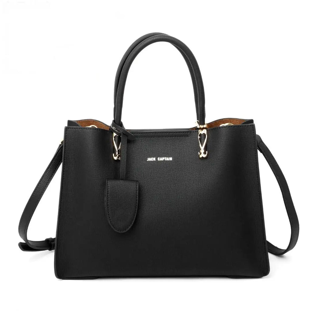 Black Jack Captain designer tote in genuine leather with gold hardware, top handles, and a detachable shoulder strap.