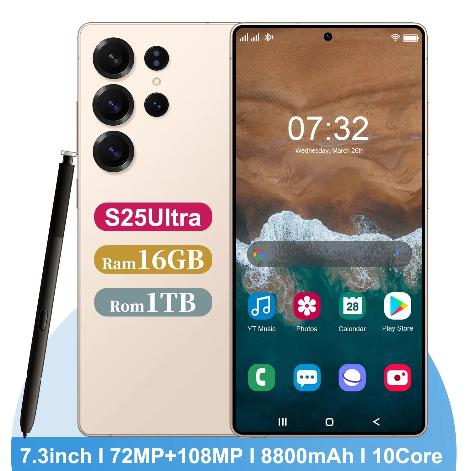 S25 Ultra 7.3-inch 5G smartphone with 16GB RAM and 1TB storage, Android 14 global unlocked gaming phone, side view