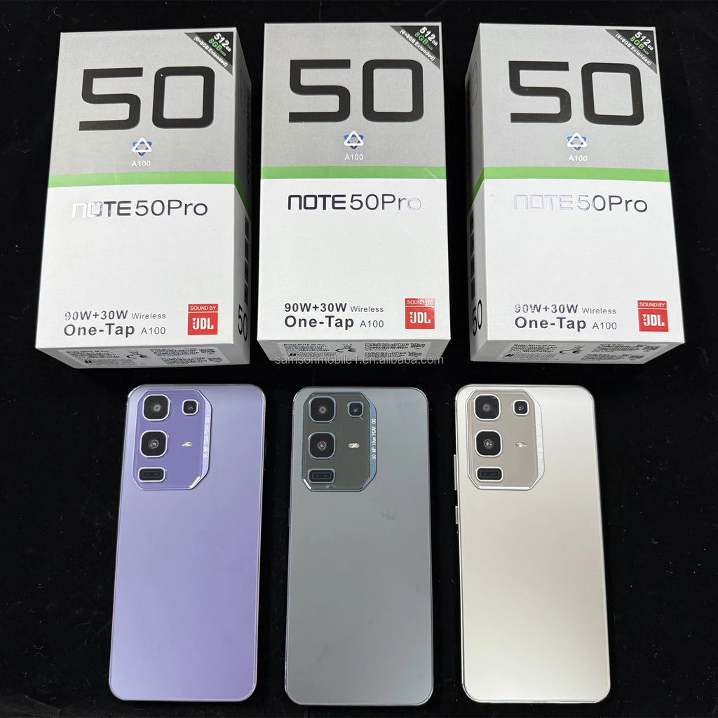 Tidesmit Note 50 Pro 5G smartphone with LED display, 50MP camera, 90W charging, MTK processor, 8GB RAM, 256GB storage.