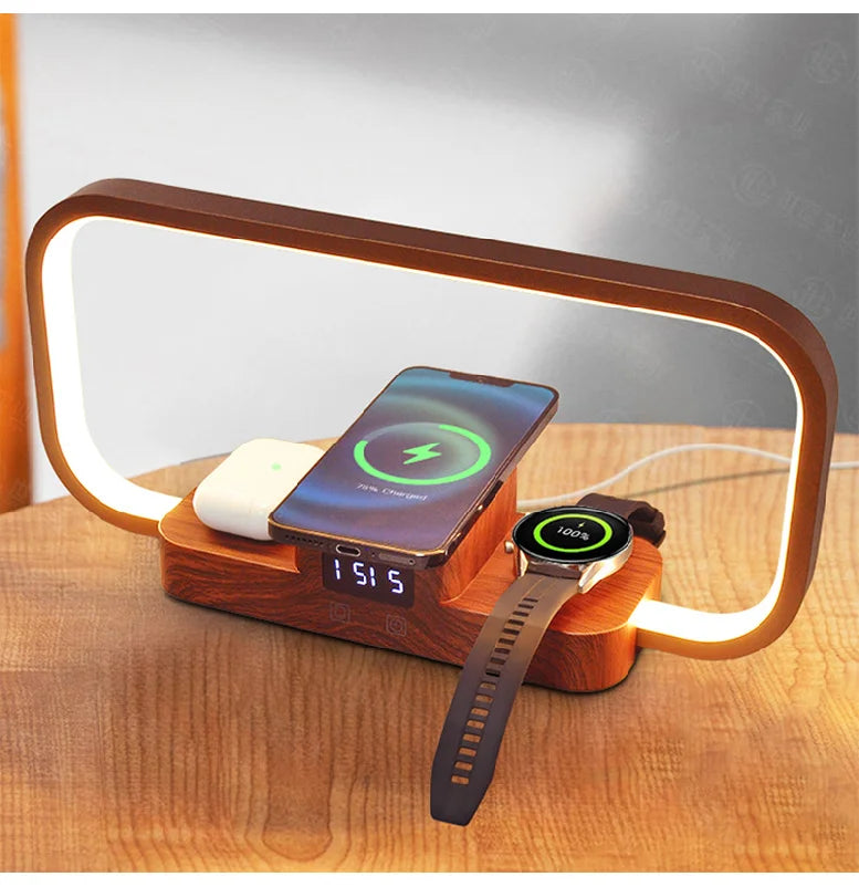 Fast Charging Stand Travel Essentials Iphone Table Lamp 3-in-1 Magnetic Wireless Charger With Led Lamp Alarm Clock for Bedroom Tidesmit