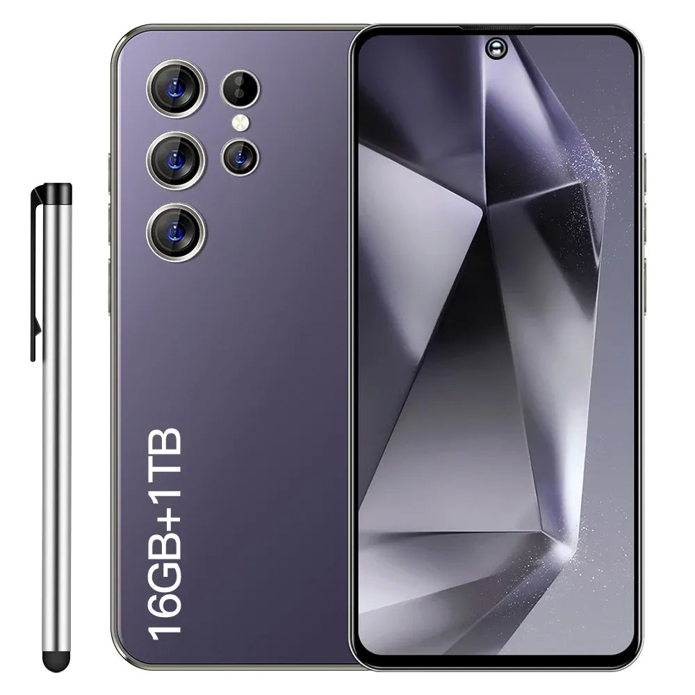 Purple smartphone with quad rear cameras and front display, marked 16GB+1TB