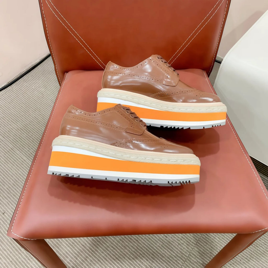 Luxury Designer Toe Stacked Platform Lace-up Vamp Breathable Walking Shoes Orange Calf Leather Re-Edition 65mm Wingtip Loafers