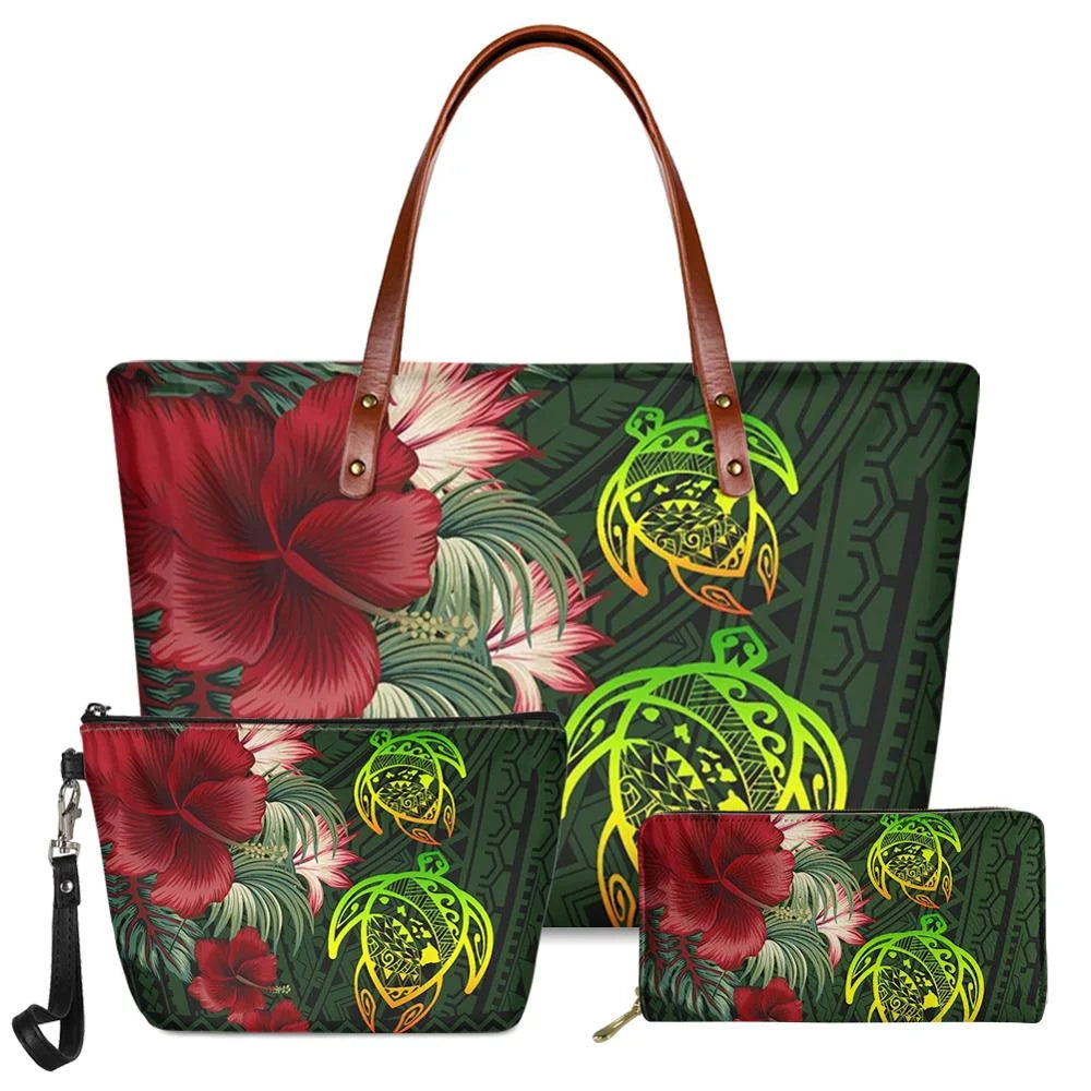 3-piece handbag set featuring Polynesian turtle and red hibiscus floral tribal prints on a dark green background.