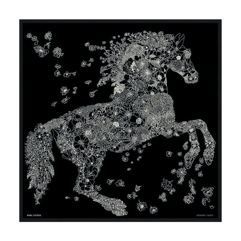 Luxurious 140x140cm Large Square Flower Horse Printed Brand Cashmere Silk Scarf Gift  for Elegant Individuals in Stock MOQ 1 PC