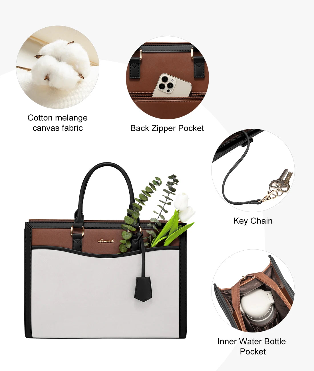 LOVEVOOK designer laptop tote in brown and white canvas, featuring back zipper pocket, key chain, and bottle holder.