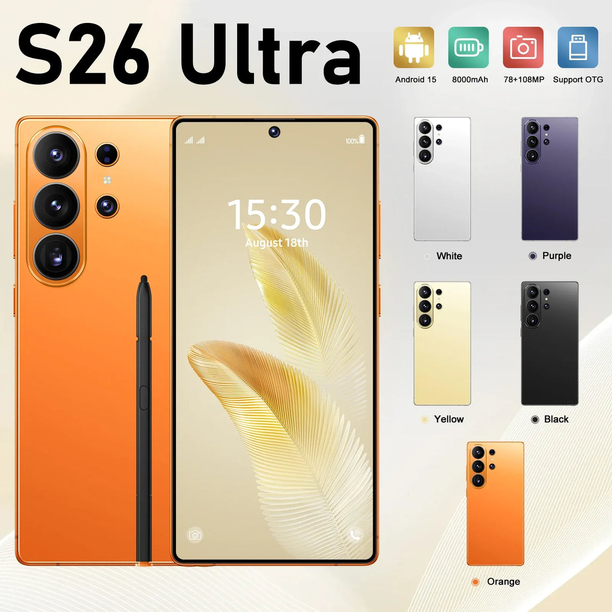 Smartphone set with orange back and front display, stylus included, plus color options