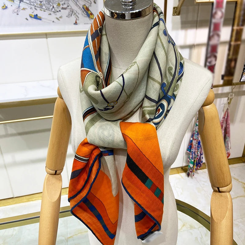 Luxurious 140x140cm Large Square Small Carriage Printed Cashmere Silk Scarf Gift Specially Designed for Elegant Individuals