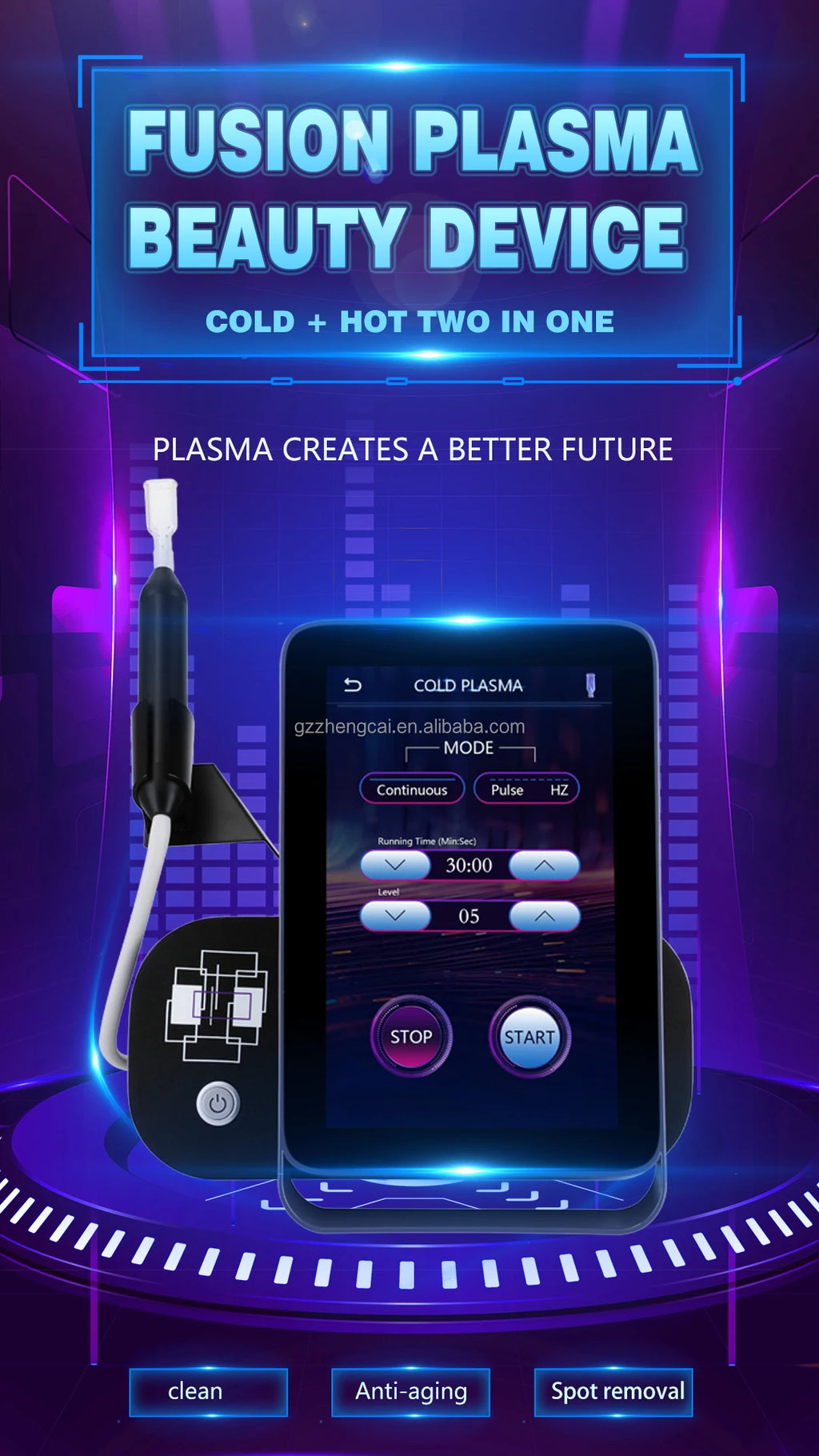 Cold plasma beauty device with touchscreen display, handheld wand, and anti-aging acne treatment settings.