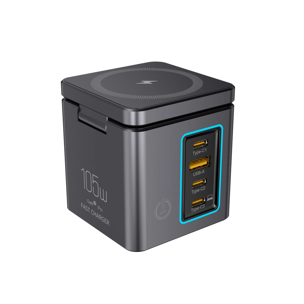 105W 6 in 1 Power Combo Tower Wireless Desktop Charger Adapter for All Phone Laptop 65W Type C PD Super Fast Watch Power Charger Tidesmit