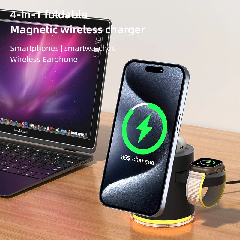 Customizable Portable 4-in-1 Foldable Wireless Charger Mobile Phone Desktop Multifunction with Integrated LED Lamp Tidesmit