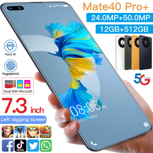 2022 Hot Selling Mate 40 Pro+ Mate 50 12GB+512GB 7.3 Inch Full Display Deca Core CPU Android 10.0 Mobile Cell Smart Phone 3G 4G 12g Tidesmit