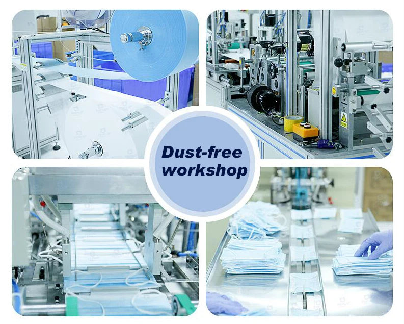 Manufacturing process of blue 3-layer non-woven meltblown cloth anti-dust disposable face masks in a clean workshop.