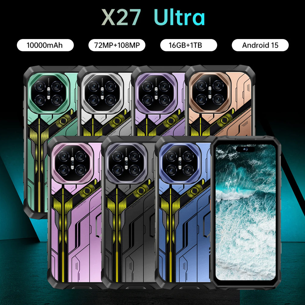 Tidesmit X27 Ultra Android smartphone showing the slim metallic design and large 7.2 inch display from the side.