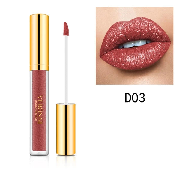 Veronni waterproof diamond shimmer liquid lipstick in rose-pink shade D03 with sparkling glitter finish on lips.