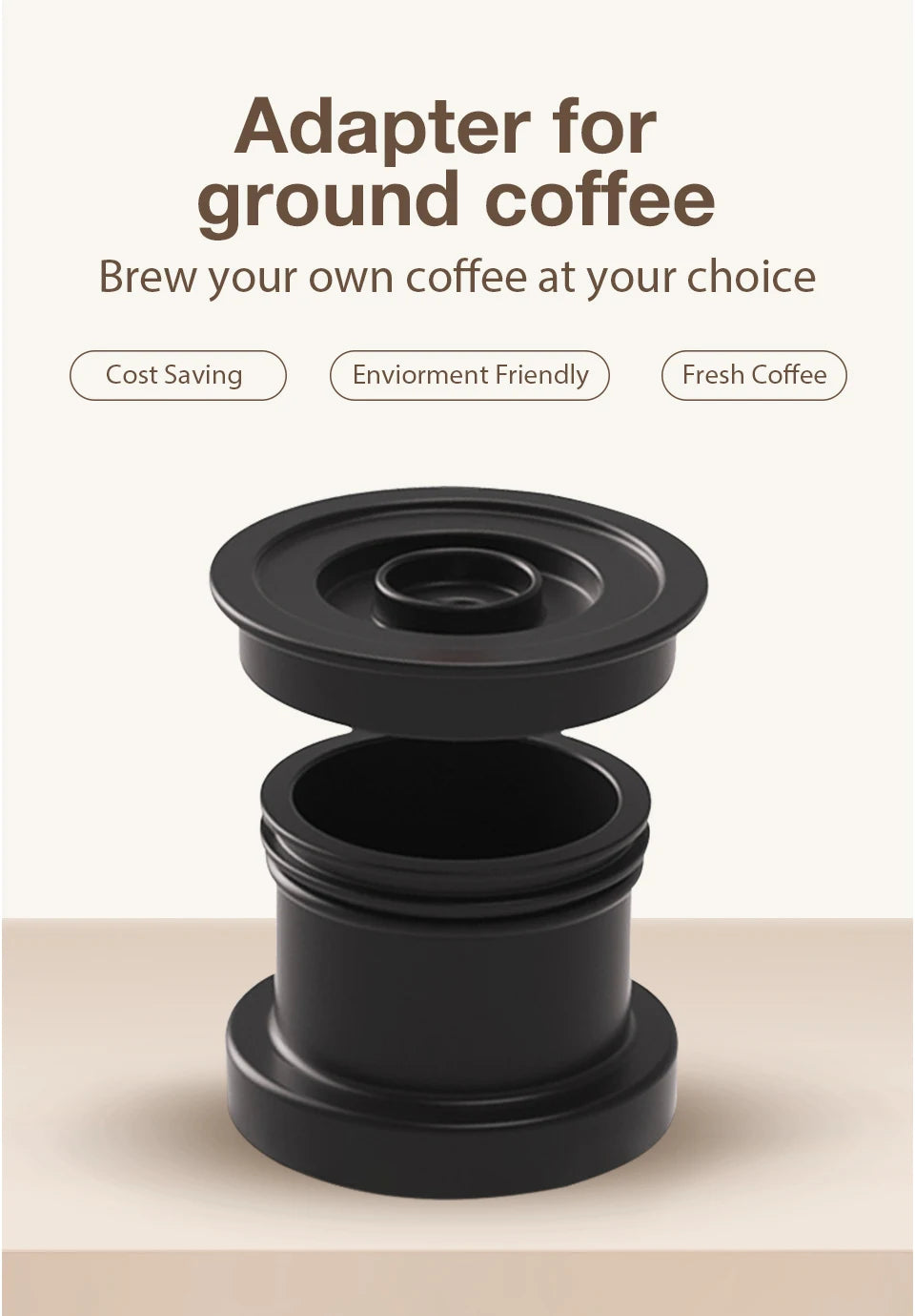 Black plastic coffee adapter for brewing ground coffee in single-serve machines, shown with lid and basket open.