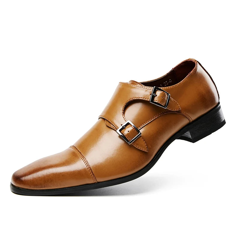 Men's Trendy Office Dress Shoes Big Size Breathable Wedding Shoes with Big Monk Strap Style Leather Style