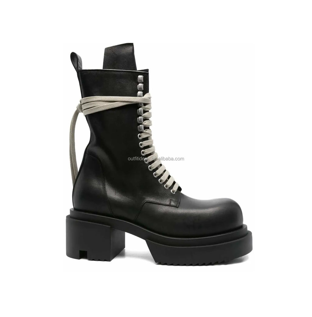 Wraparound Lace-up Unisex Platform Heel H2.5" Dress Shoes Calf Leather Men Ankle Leather Black Chelsea Lace up Bogun Boots