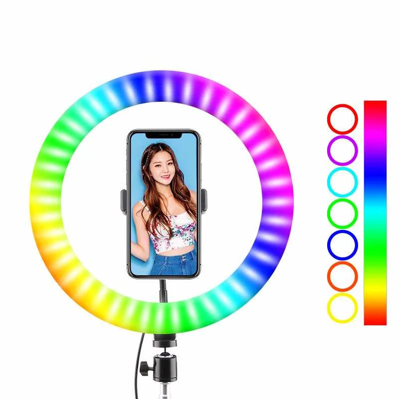 3000K-6000K 13 Inch RGB Ring Light Photography Lighting 15 Colors 33cm Color Fill Light with Mobile Phone Clip Black 33cm MJ-33 Tidesmit