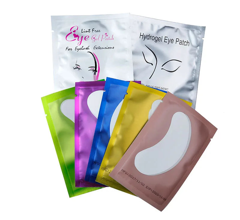 Lint-free hydrogel under eye patches for eyelash extensions in colorful, individual foil sachets.