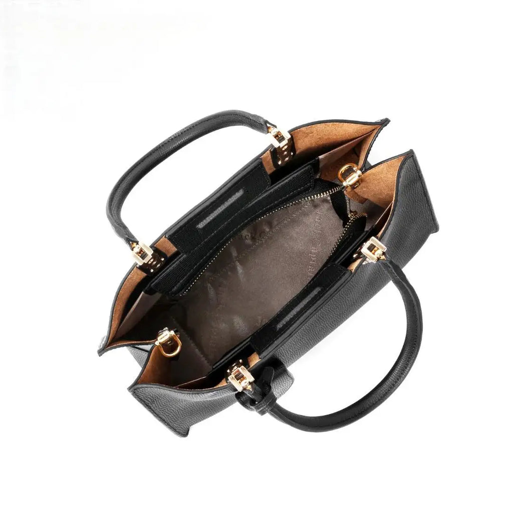 Black genuine leather women's designer tote with gold hardware, top zip closure, and branded polyester lining.