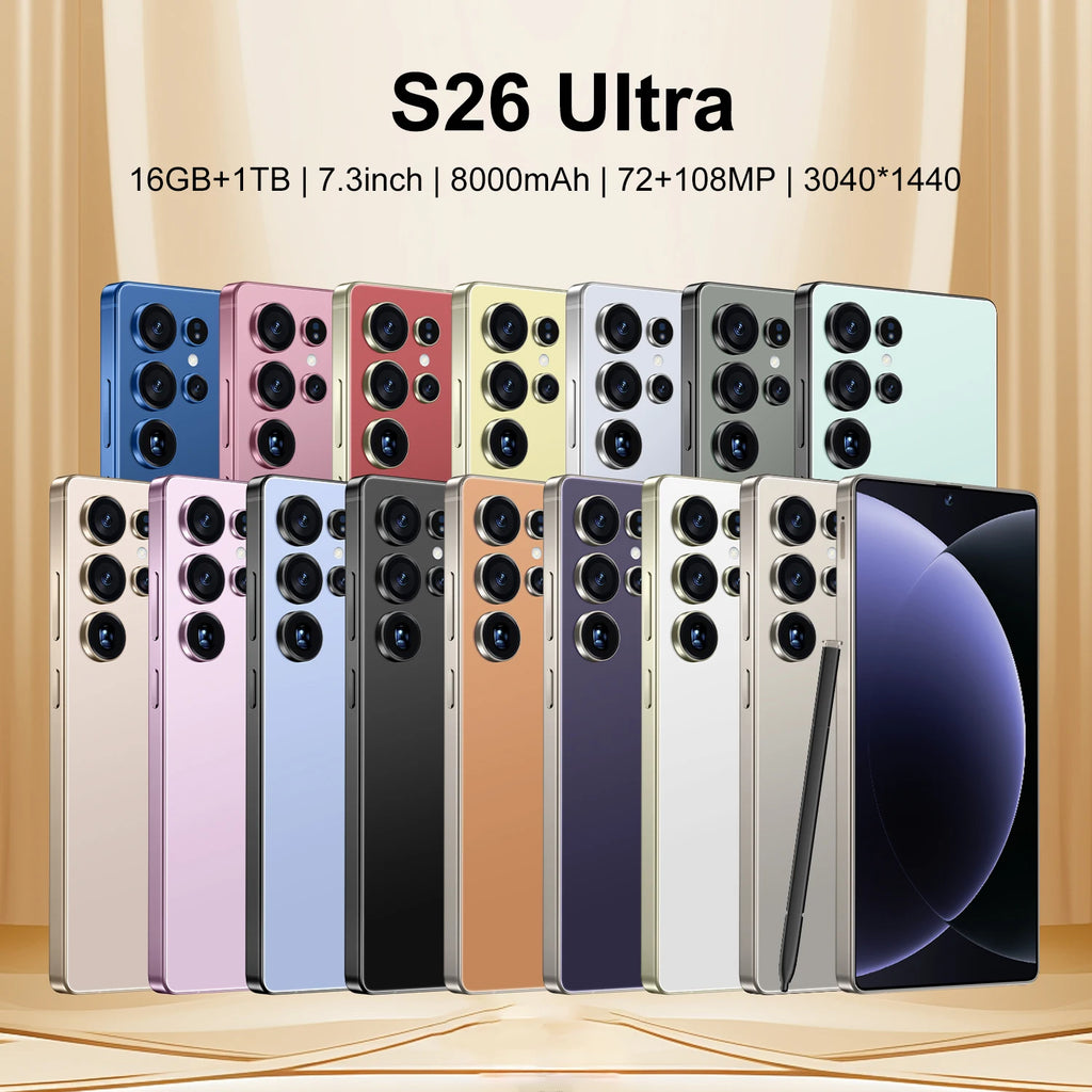 Tidesmit S26 Ultra 5G smartphone with 7.3-inch HD screen 16GB RAM 1TB storage and 108MP camera in sleek finish