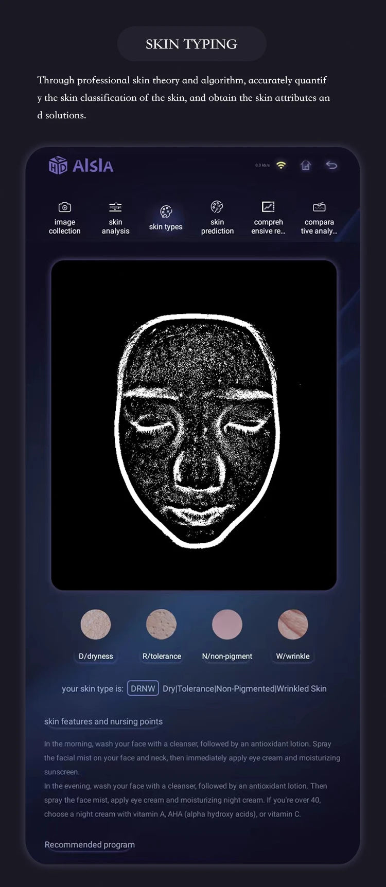 Smart facial skin detection and analysis instrument app showing scan results, skin type classification, and treatment.