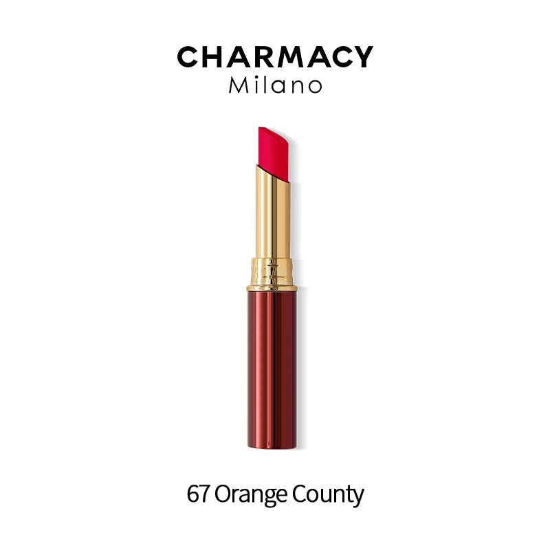 CHARMACY long-lasting velvet matte lipstick in 67 Orange County, a waterproof, pigmented red-orange lip makeup.