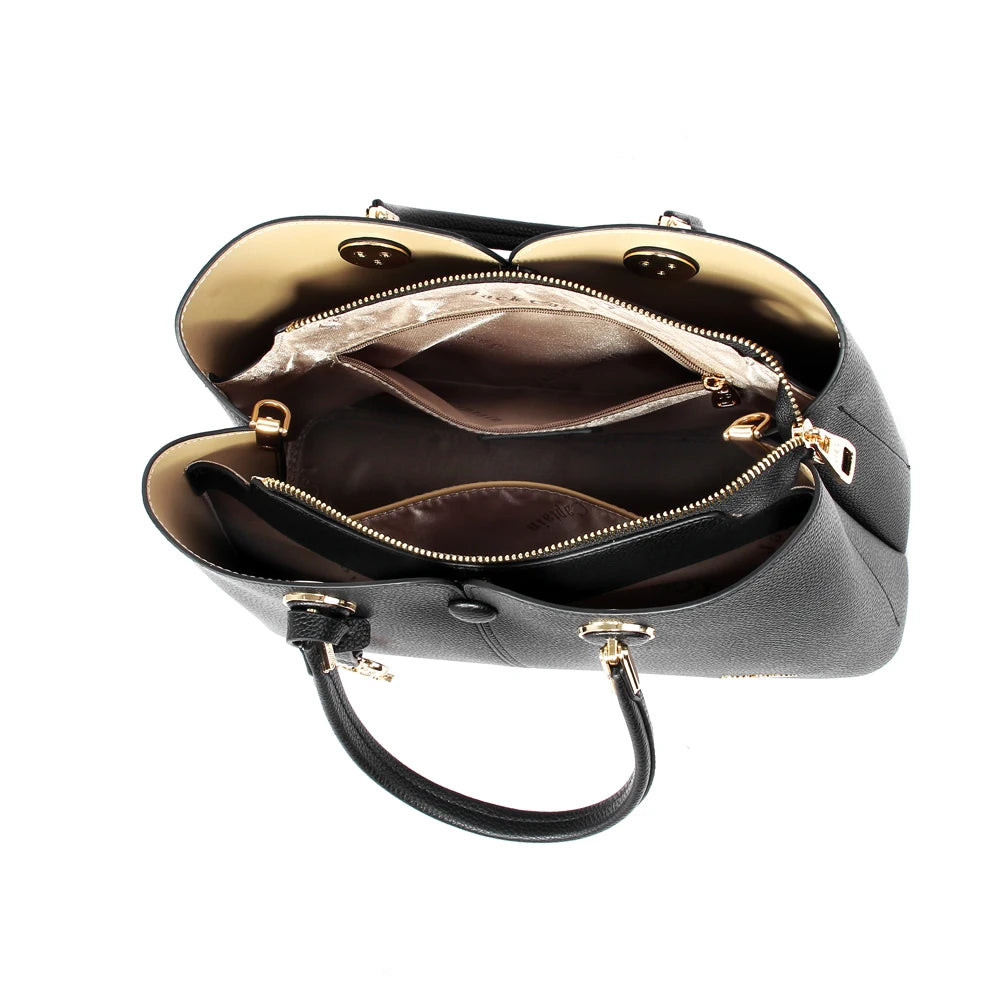 Black waterproof PU leather designer handbag with large-capacity interior, gold hardware, and multi-compartment zip.
