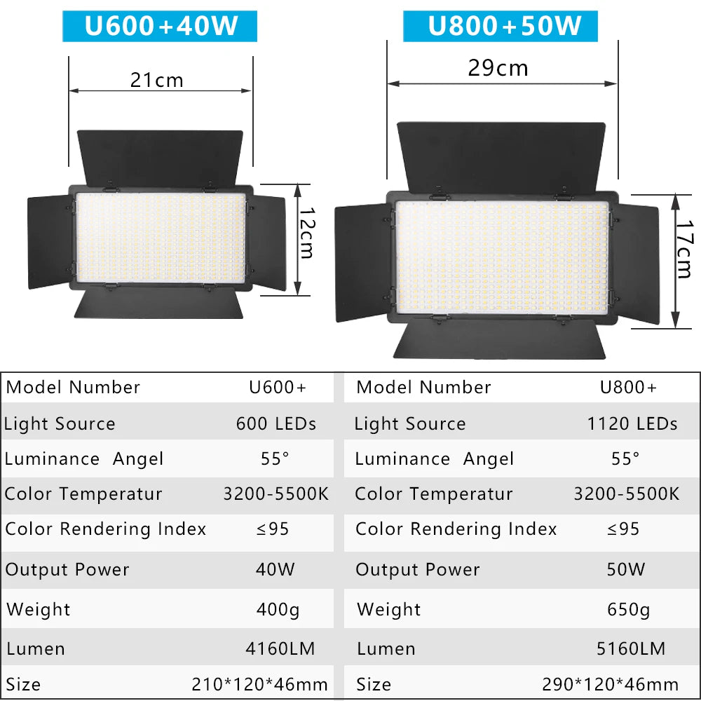 Two rectangular LED video panels with black barn doors, comparing specifications for U600 (21x12cm) and U800 (29x17cm).