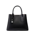 Elegant black genuine leather designer handbag with top handles, silver charm, and spacious structured silhouette.