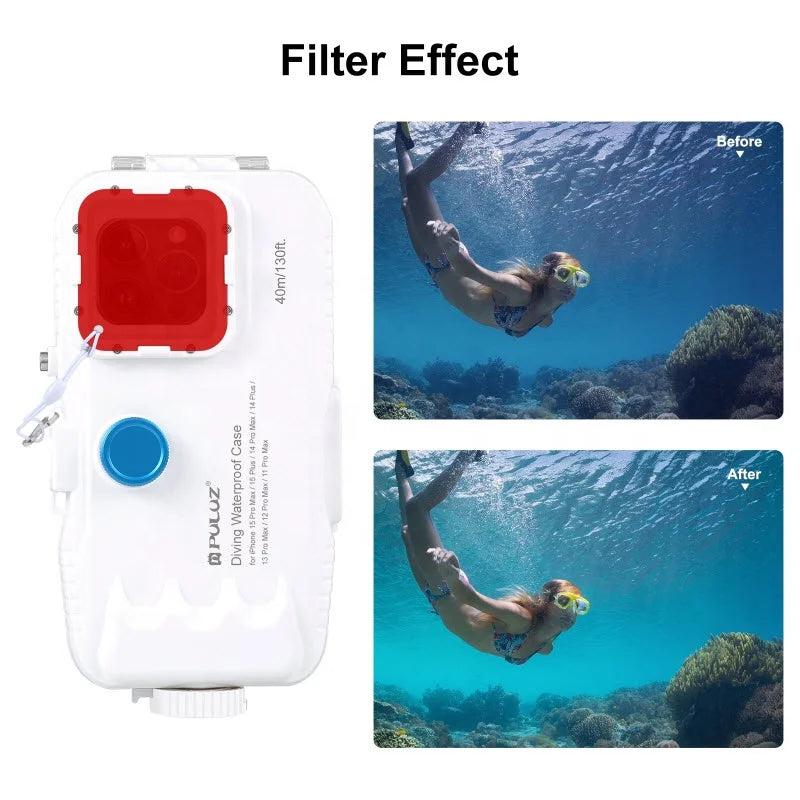 PULUZ 40m Photo Video Underwater Housing Cover Waterproof PC Diving Phone Case for iPhone White Lanyard Mobile Phone Accessories Tidesmit