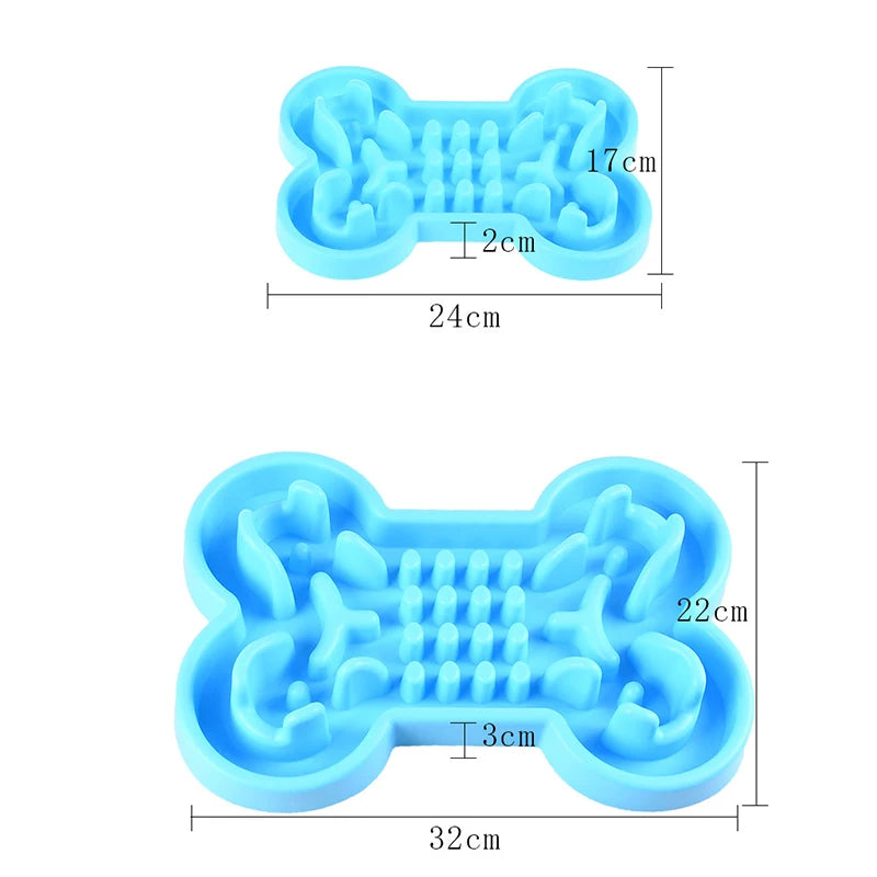 Blue bone-shaped soft rubber slow feeder bowl for dogs and cats. Anti-slip, anti-gulp design for healthy digestion.