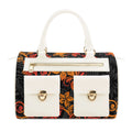 Large luxury PU leather tote bag with white trim, dual front pockets, and a black, orange, and red floral print.