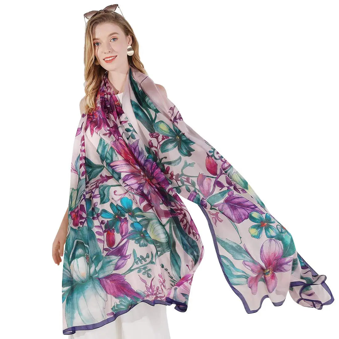 Wholesale 100% Pure Silk Printed Long Shawl Scarf Foulard for Women Spring Muslim Head Cover