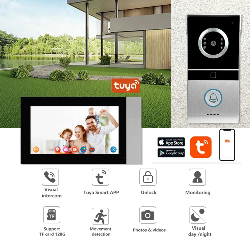 Tuya Smart App Remote Control ID Card Unlock Recording Smart Wifi Video Door Phone Doorbell Intercom System for Villa As picture Tidesmit