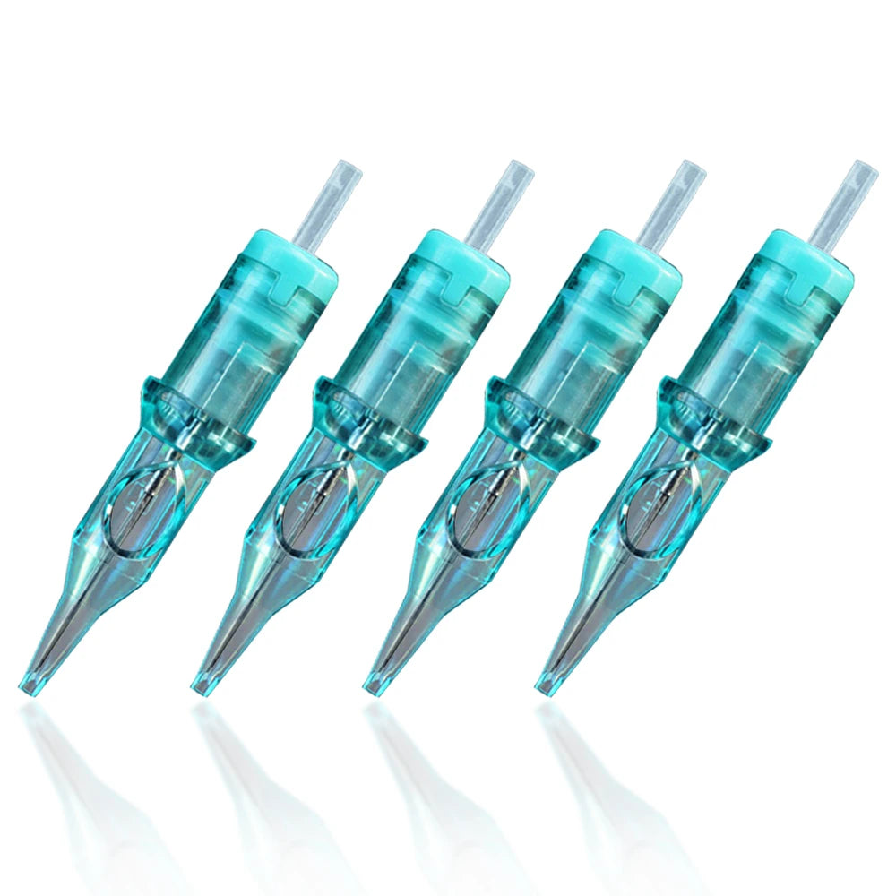 Four teal translucent plastic tattoo needle cartridges for tattooing.